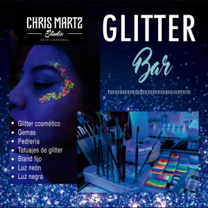 glitter bar, brillos, brillar, maquillaje artistico, 